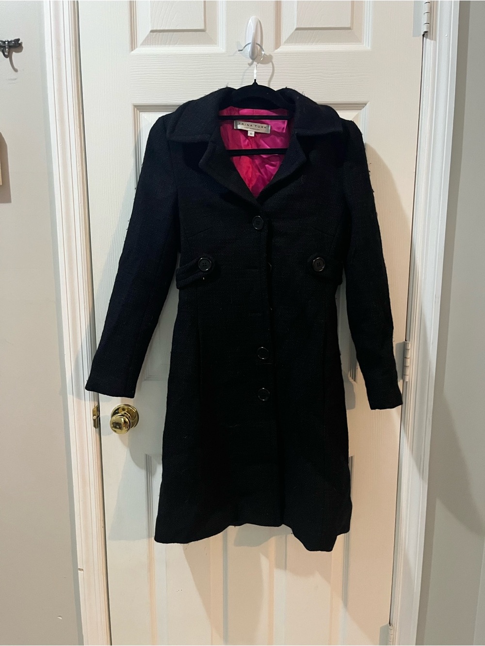 Trina Turk Black Wool-Blend Pea Coat with Pink Lining size 6